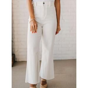 Anniewear White Wide Leg Jeans High Rise Stretch Denim Raw Hem Size Small